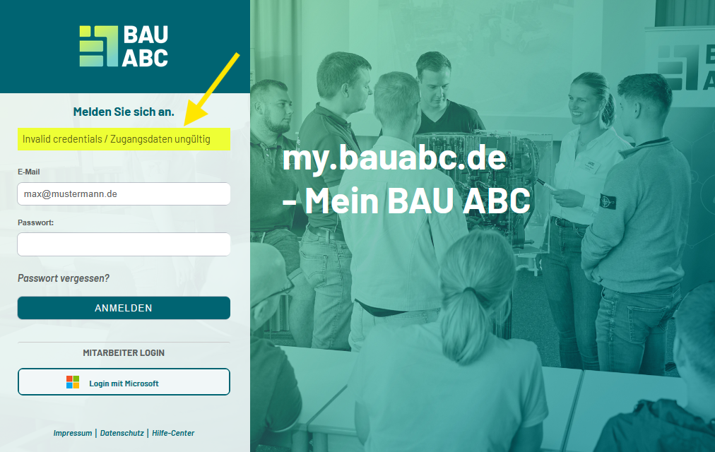 Login Zugangsdaten ungültig